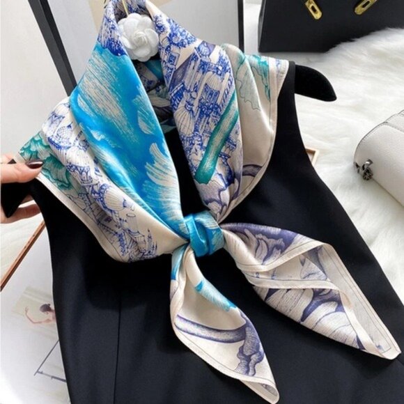 Satin Scarf Women neckerchief Shawl Floral Scene 21"x21" peony-style blooms - Picture 2 of 13